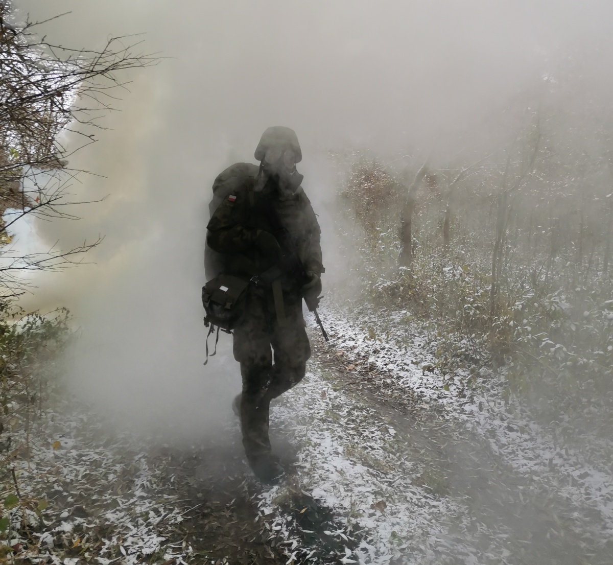 żołnierz wyłania się z mgły